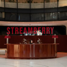 The lobby of a streaming company called Streamberry in the show "Black Mirror"