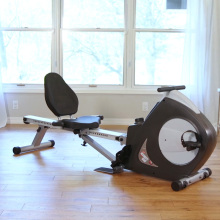 2-in-1 bike and rower machine standing on the floor in front of a window and surrounded by house plants