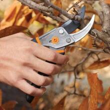 Man's hand holding Fiskars pruning scissors over some leaves and cutting a branch
