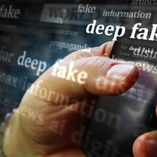 A person holds a smart phone in their hand, the words "deep fake" are superimposed over the image