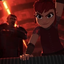 A knight in black armor and a young girl with pink hair stare menacingly into the trunk of a car.