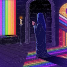 A person praying with the pride flag in the background.
