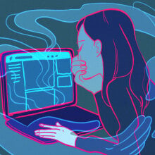 Illustration of a woman crying while using a laptop, with ghostly hands coming out of the screen.