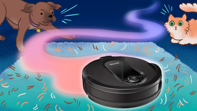 Illustration of robot vacuum on carpet with pets in background