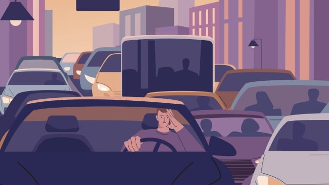 An illustration of a man looking annoyed as he sits in car traffic.