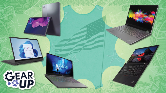 Collage of Lenovo products with an American flag in the background