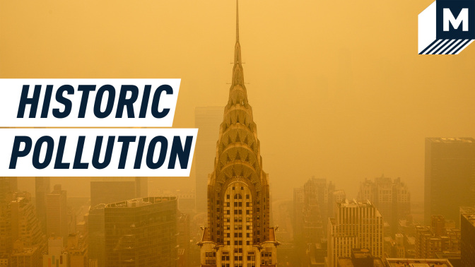 Aerial shot of the Empire State Building vailed in a cloud of yellow-ish smoke. Caption reads: historic pollution