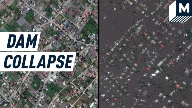 Satellite images show a piece of land before and after the flood caused by the dam's collapse.