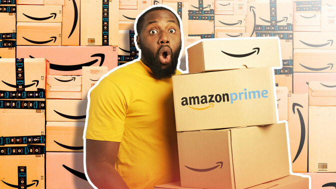 a man in a yellow shirt holding a pile of amazon boxes against a background of amazon boxes