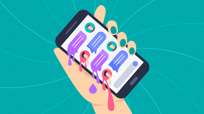 Illustration of a hand holding a phone with dripping text message bubbles