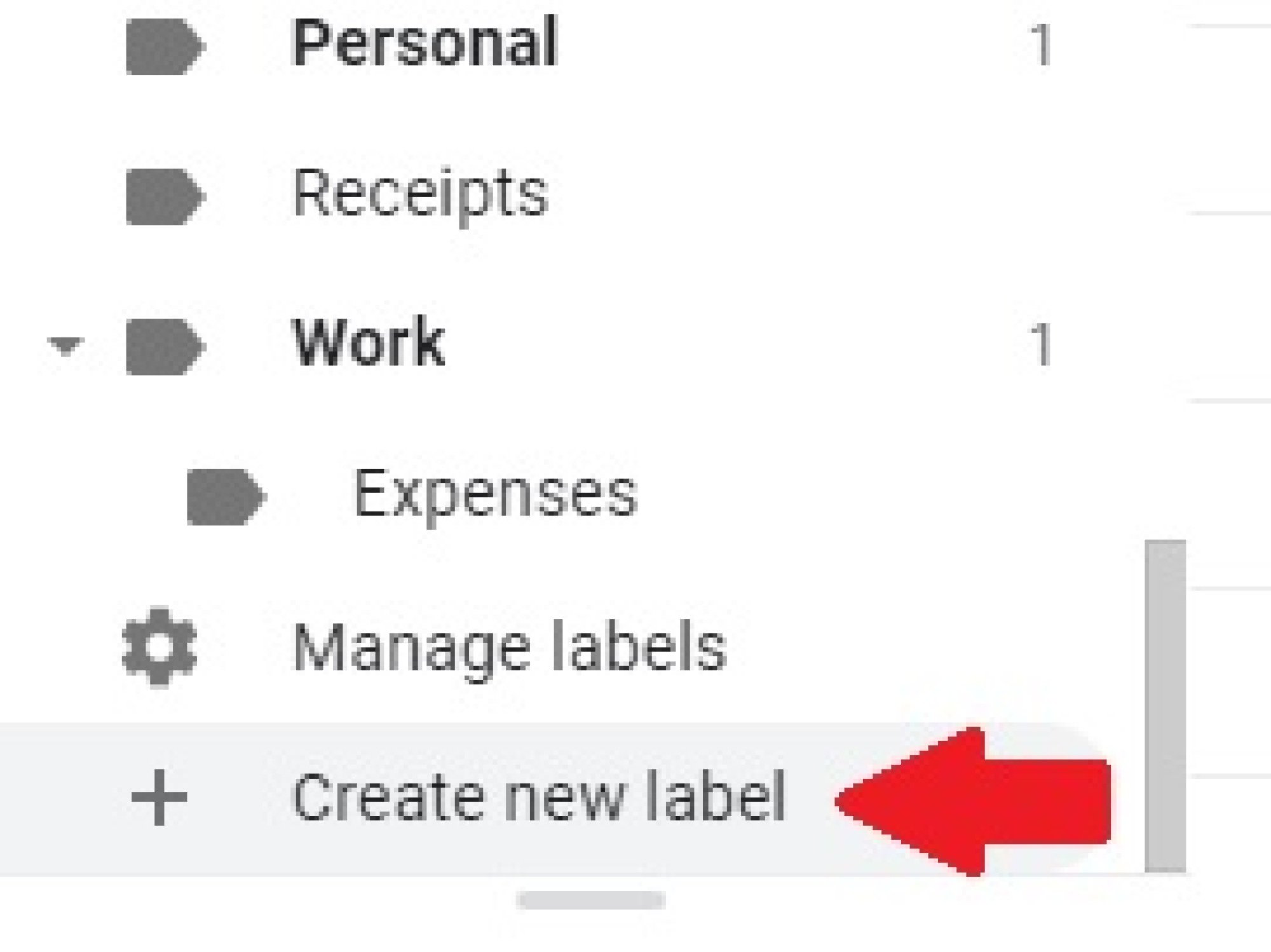A Gmail screenshot with "Create new label" button highlighted. 