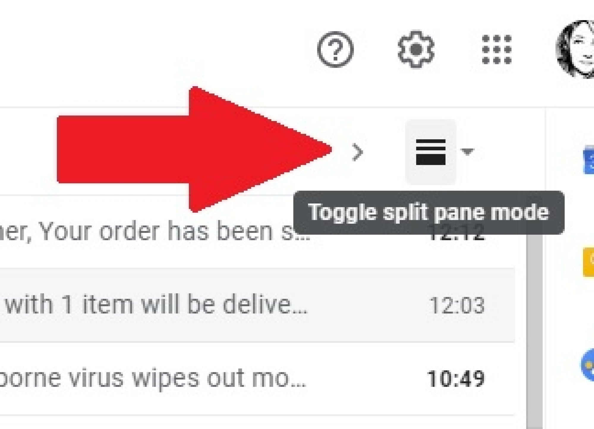 Gmail screenshot with the "Toggle split pane mode" option highlighted. 