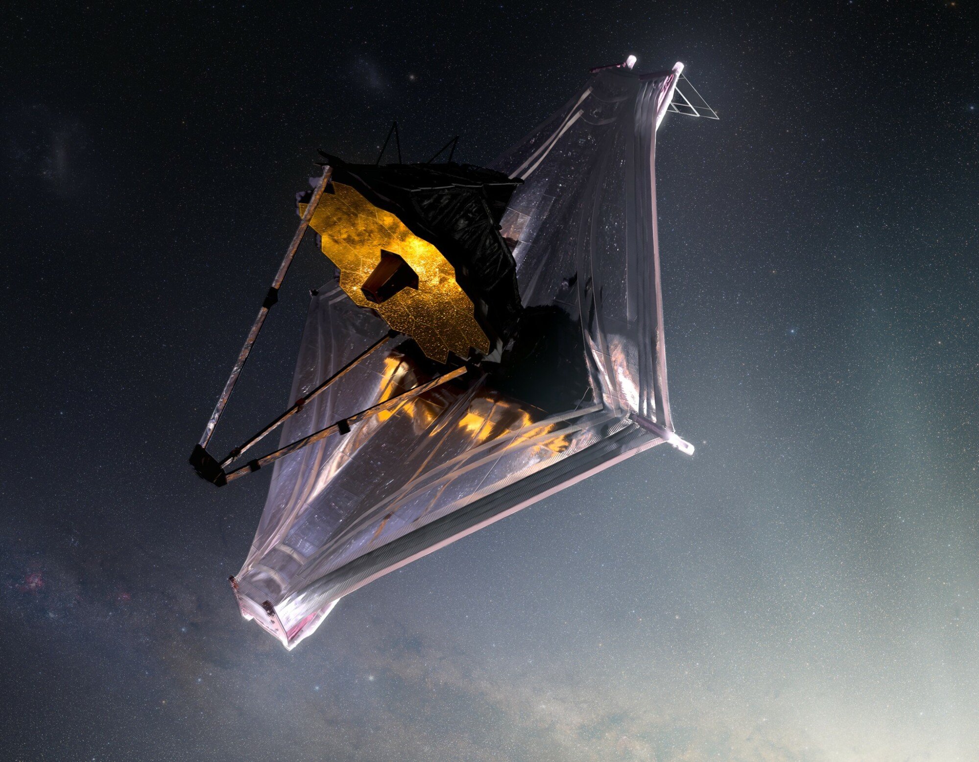An artist's illustration of the James Webb Space Telescope orbiting the sun 1 million miles from Earth.
