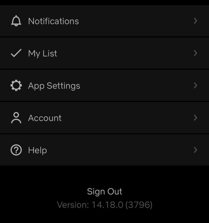 A screenshot of an iPhone operating system open to Netflix's profile management tab, including options to get help, sign out, and more.