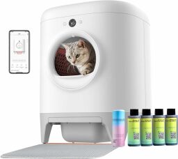 Automatic litter box with cat inside, smartphone with cleaning app on screen, and bottles of cleaner