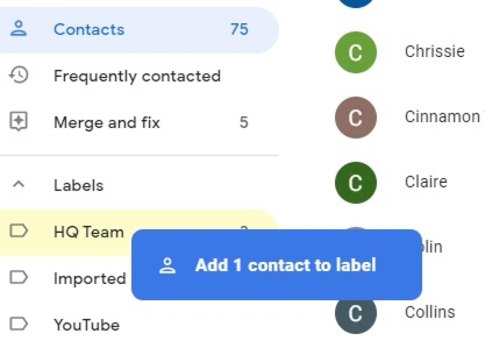 A Google Contacts screenshot as a user adds a contact to a label.
