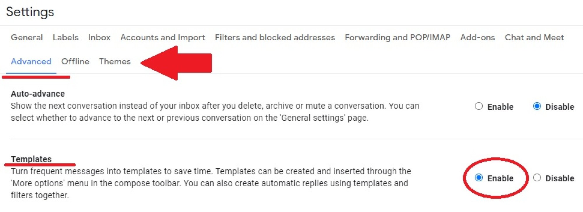 A Gmail Settings screenshot of the "Advanced" options with "Templates" enabled and highlighted. 