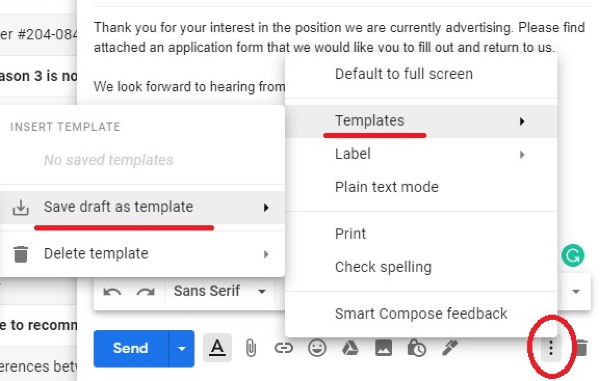 A Gmail screenshot with the "Save draft as template" option under "Templates" highlighted. 