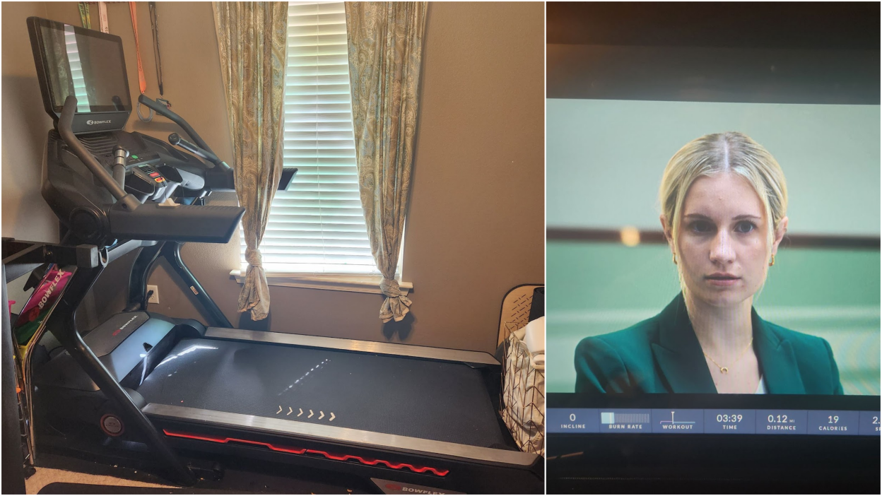 collage with large bowflex treadmill and TV show on the treadmill's screen