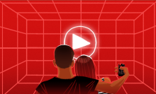 Illustration of people sitting on couch watching tv with red background