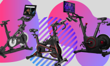 Three indoor cycling bikes on a colorful background