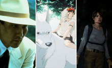 A collage of a man in a hat, a cartoon of a woman on a wolf, and a woman looking distressed. 