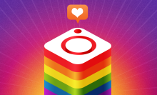 An illustration of the Instagram logo with a rainbow Pride pattern below it. 