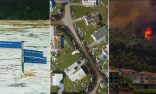 split-screen image depicts a flood in Australia, the aftermath of Hurricane Ian in Florida, and a wildfire in Greece