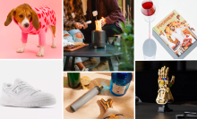 a collage of pictures of valentine's day gift ideas for boyfriends, including a dog sweater, a tabletop fire pit, a cookbook, a marvel lego set, perfume samples, and new balance shoes