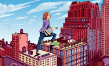illustration of white woman in a suit walking on top of buildings