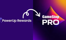 the gamestop powerup rewards logo next to the new gamestop pro logo with an arrow between them