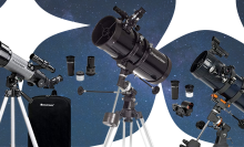 Discounted Celestron telescopes overlayed on a background of stars and galaxy