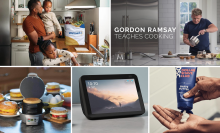 Person with kids in kitchen / ad for Gordon Ramsey episode of MasterClass / breakfast sandwich maker and food on countertop / Echo Show with landscape and time on screen / person's hands holding shaving cream / 