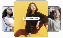 Three images featuring models of color with a "Try on models" button hovering over them.
