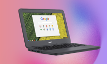 Acer Chromebook laptop displaying an internet browser screen on a colorful background
