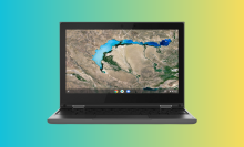 A Lenovo 2-in-1 Chromebook overlaid on a colorful, blue-green gradient background