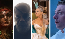 A collage of a woman wearing a mask, a man with an eyepatch, a woman wearing a ballgown, and a chef. 