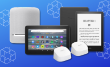 amazon echo speaker, fire tablet, eero router, and kindle reader with blue background