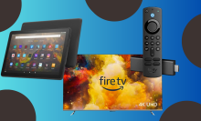 The Amazon Fire 10 HD tablet, 32" Fire TV, and Fire Stick from left to right on a blue and dotted background