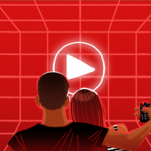 Illustration of people sitting on couch watching tv with red background