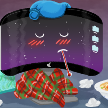 illustration of a sick macbook with soup and tissues