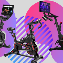 Three indoor cycling bikes on a colorful background