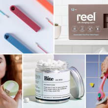 photo collage featuring reusable cotton swabs, bamboo toilet paper, a reusable razor, washable cotton rounds, and toothpaste tables