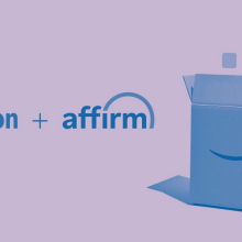 Amazon logo, Affirm logo, and Amazon package with purple and blue tint