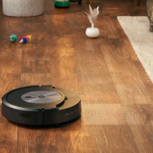 Roomba cleaning hardwood floor with cat in the background