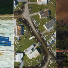 split-screen image depicts a flood in Australia, the aftermath of Hurricane Ian in Florida, and a wildfire in Greece