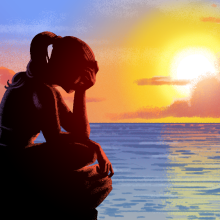 An image of a woman holding her head by the sea and setting sun.