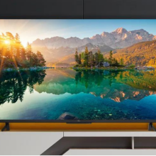TCL TV on TV stand with nature screensaver