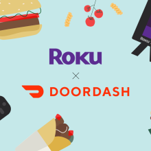 Roku x DoorDash logo on cartoon background