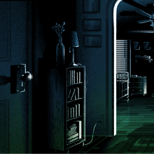 An illustration of a dark room, lit by an vacant computer screen. 